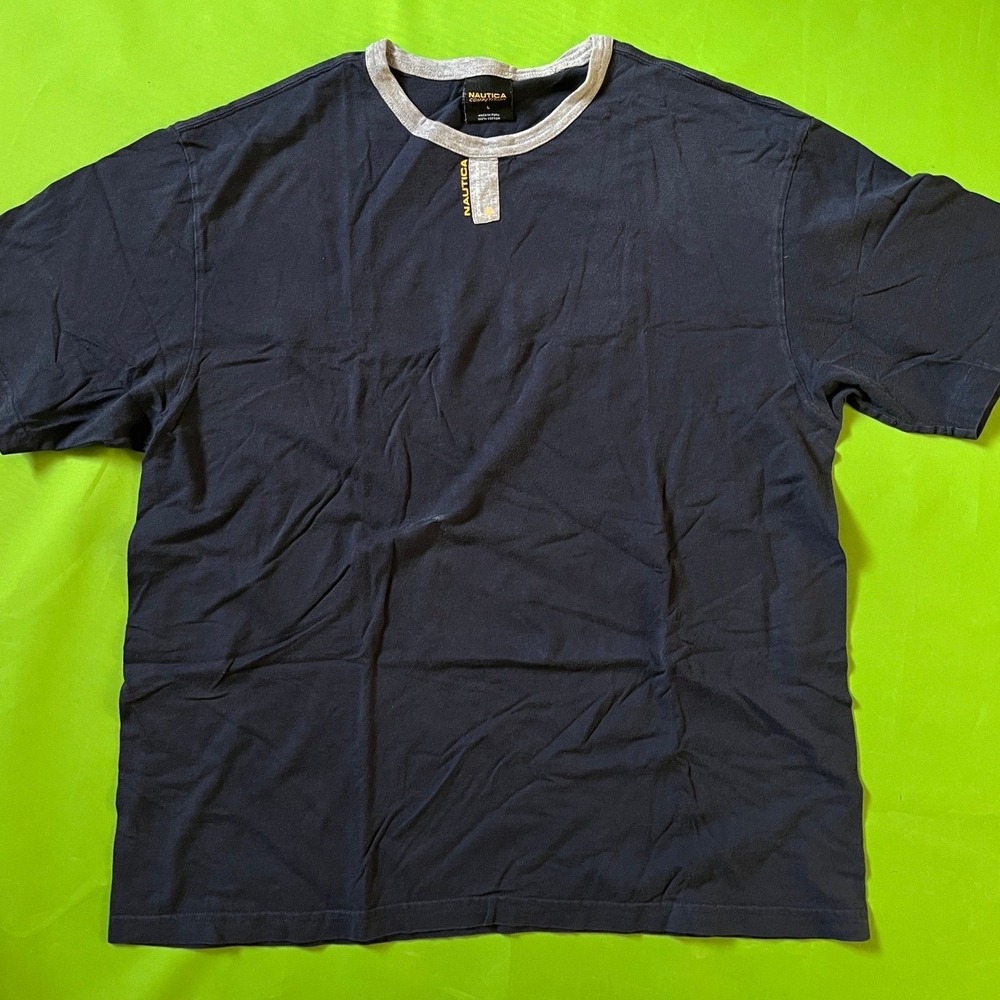 Nautica Competition‎ Mens Large Navy Blue Short Sleeve VTG Y2K T-Shirt Grey Trim